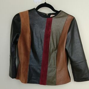 Celina's Leather Suede Colorblock Paneled Top Zip Back 3/4 Sleeve